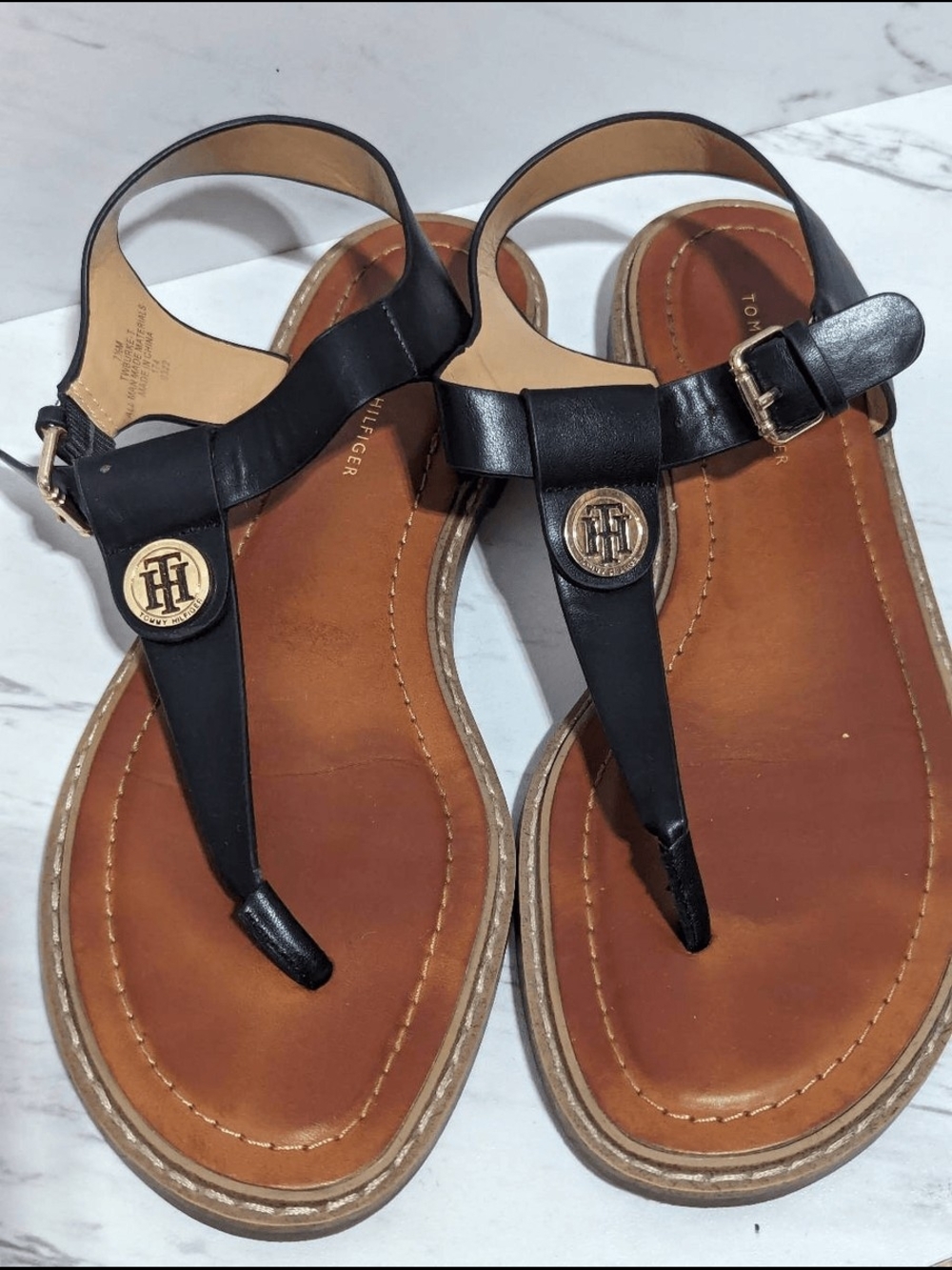 Tommy Hilfiger Black Leather T-Strap Sandals with Gold Logo